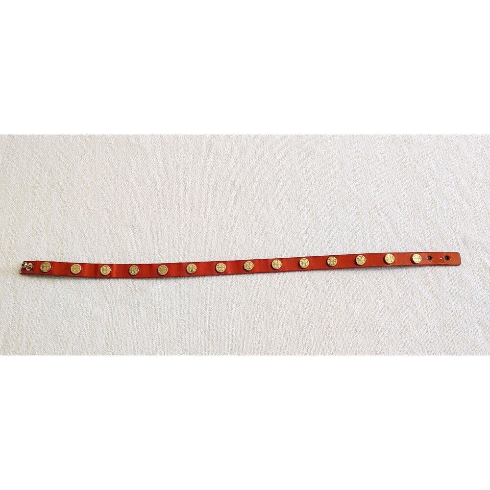 Tory Burch Orange Double Wrap Leather Gold Tone Brass Logo Stud Bracelet - Picture 5 of 6